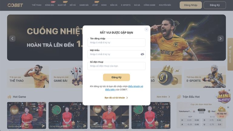 Trang đăng ký COBET giao diện rõ ràng, đăng ký nhanh trong 2 phút